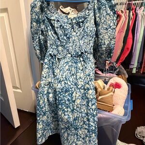 House of Harlow 1960 Blue and White Smocked Midi Dress